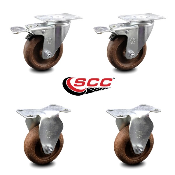 4 Inch High Temp Glass Filled Nylon Top Plate Caster Lock Brakes 2 Rigid, 2PK